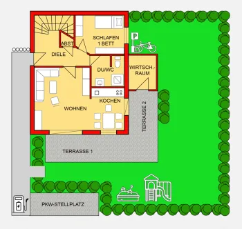 Grundriss des Erdgeschosses der Villa Krabbe in Hooksiel mit Schlafzimmer, Bad, Küche und Wohnbereich