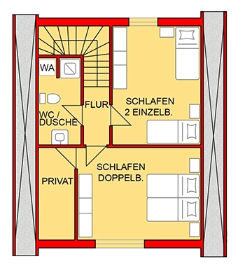 Grundriss vom Obergeschoss im Ferienhaus Villa Krabbe in Hooksiel